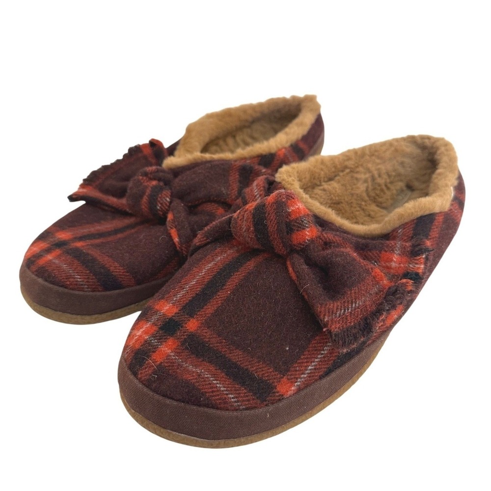 TOMS Women's Red Plaid Bow Faux Shearling Lined Slip On Slippers Size 10